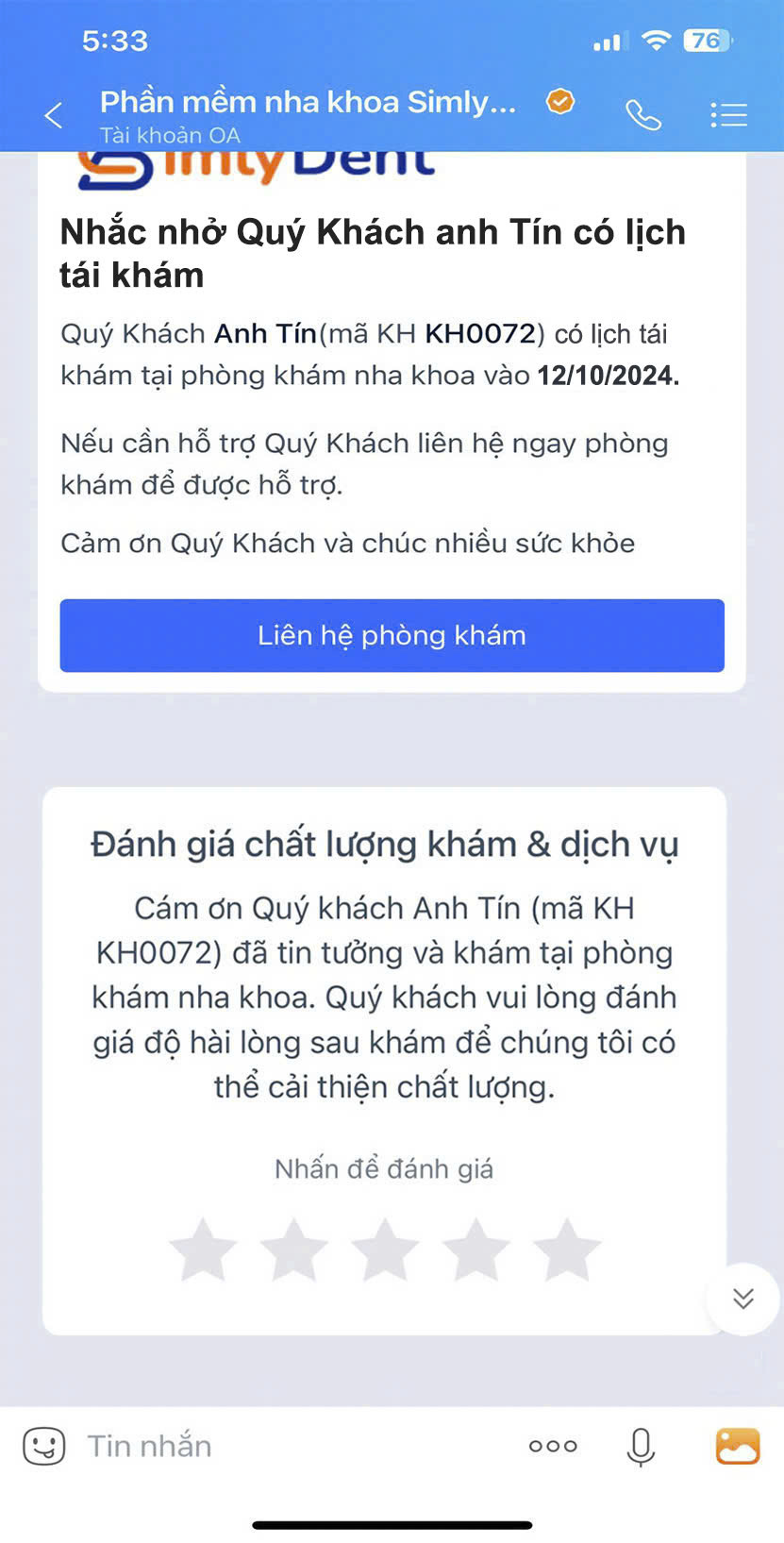 Nhắc nhở tự động qua zalo